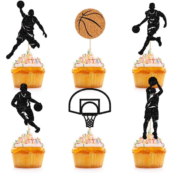 Black Gold Glitter Basketball Player Hoop Ball Silhouette Cupcake Toppers 12Pcs Sports Basketball Game Birthday Party Cupcake Picks