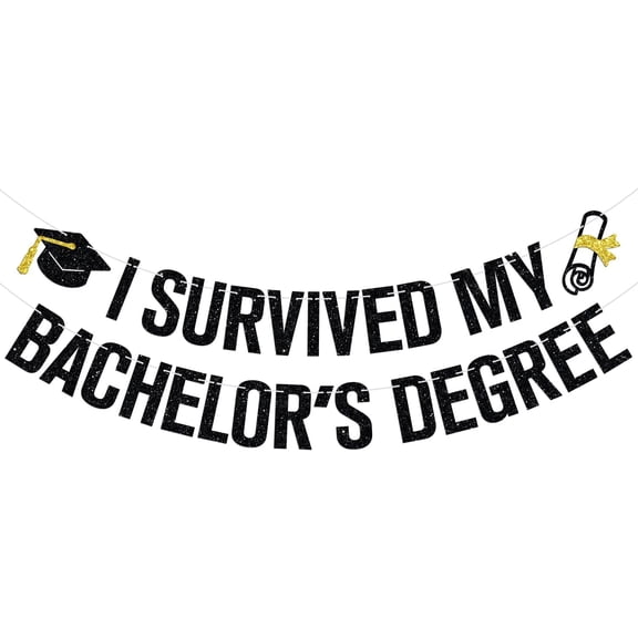 Black & Gold Glitter I Survived My Bachelor's Degree Banner with Grad Cap & Safety Pin Cutouts, Funny College Graduation Party Decor