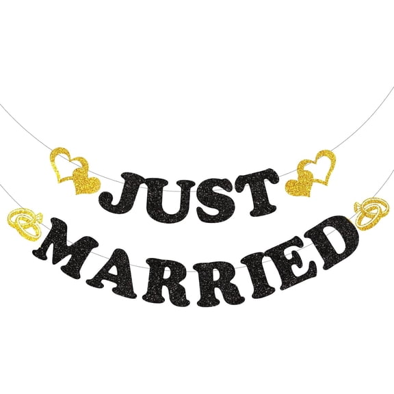 Black & Gold Glitter Just Married Banner with Double Hearts & Wedding Rings Cutouts, Wedding Reception Newlywed Car Photo Prop Wall Garland Decor