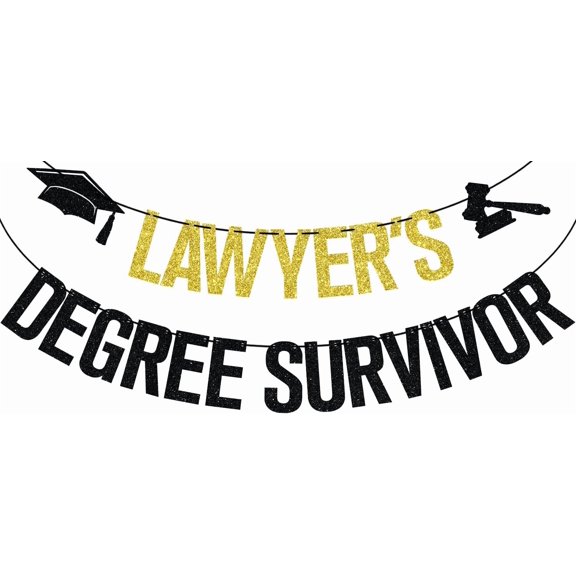 Black Gold Glitter Lawyer's Degree Survivor Banner with Grad Cap & Judge Gavel Cutouts, Law School Graduation Party Congratulatory Garland Sign