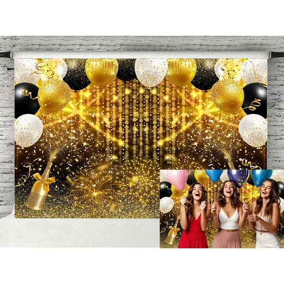 Black and Gold Glitter Party Photo Backdrop, Birthday Wedding Bridal Prom Graduation Balloons Party Decorations Photography Background Banner Photo Shoot Props New Year Cake Table Party Decor,6X4ft