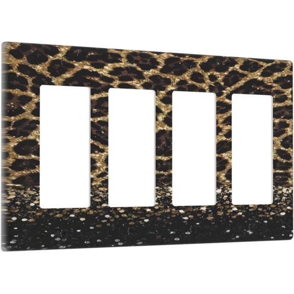 Black Gold Glitter Texture 4 Gang Quad Rocker/GFCI Light Switch Cover Plate Decorative Electrical Faceplate for Leopard Print Brown Black Bathroom Living Room Decorate Screwless(No Glitter)