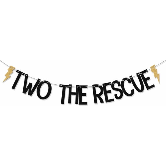 Black Gold Glitter Two The Rescue Banner with Lightning Bolt Cutouts, Superhero Themed 2nd Birthday Party Decor