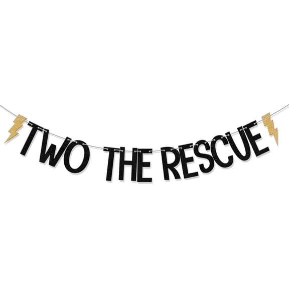 Black Gold Glitter Two The Rescue Banner with Lightning Bolt Cutouts, Superhero Themed 2nd Birthday Party Decor
