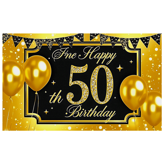 Black and Gold Glittery 50th Birthday Backdrop Banner with Sparkling Star Elements Party Supplies Photography Props Birthday Party Decorations Background Happy Birthday Celebration