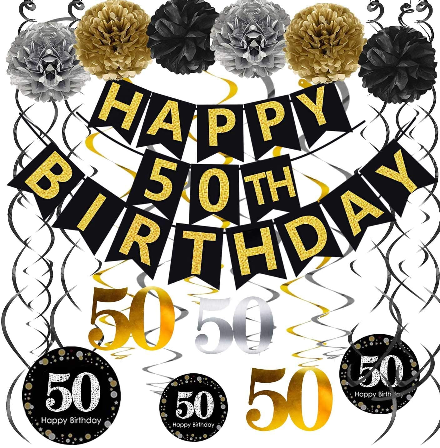 Black & Gold Glittery Happy 50th Birthday Banner,Poms,Sparkling 50 ...