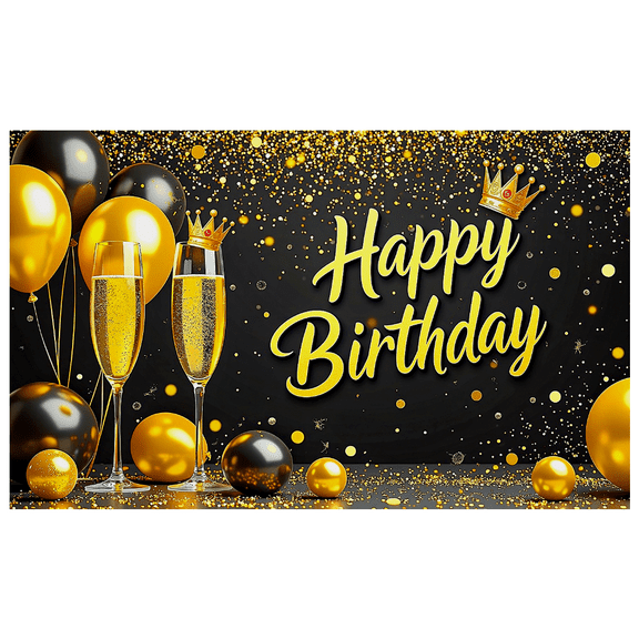 Black Gold Glittery Happy Birthday Banner with Balloons Crown and Champagne Glasses Party Supplies Photography Props Backdrop Decor for Birthday Party Celebration Photo Booth Decoration