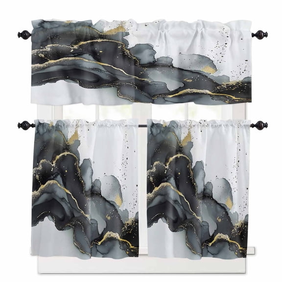 Black Gold Gradient Kitchen Curtains Valances and Tiers Set of 3, Marble Texture 36 Inch Length Tier Curtains and Valance Rod Pocket Valance Curtains Set for Kitchen Bathroom Small Windows