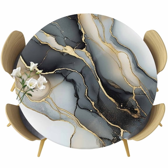 Black Gold Gradient Round Fitted Table Cover Abstract Modern Art Waterproof Table Cloth with Elastic Edge Wipeable Tablecloth for Picnic Camping Party Fits 45"-54" Diameter