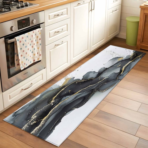 Black Gold Gradient Washable Area Rug 2x6 Abstract Marble Texture Low ...