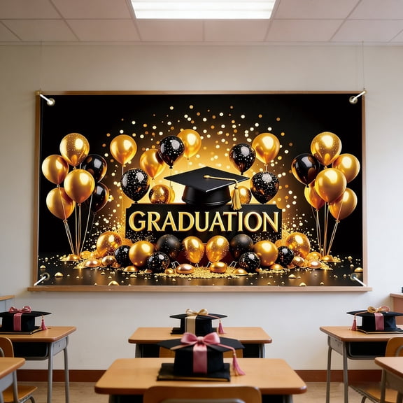 Black Gold Graduation Backdrop Balloon Grad Cap Photo Booth Background for Grad Parties and Graduation Season Events