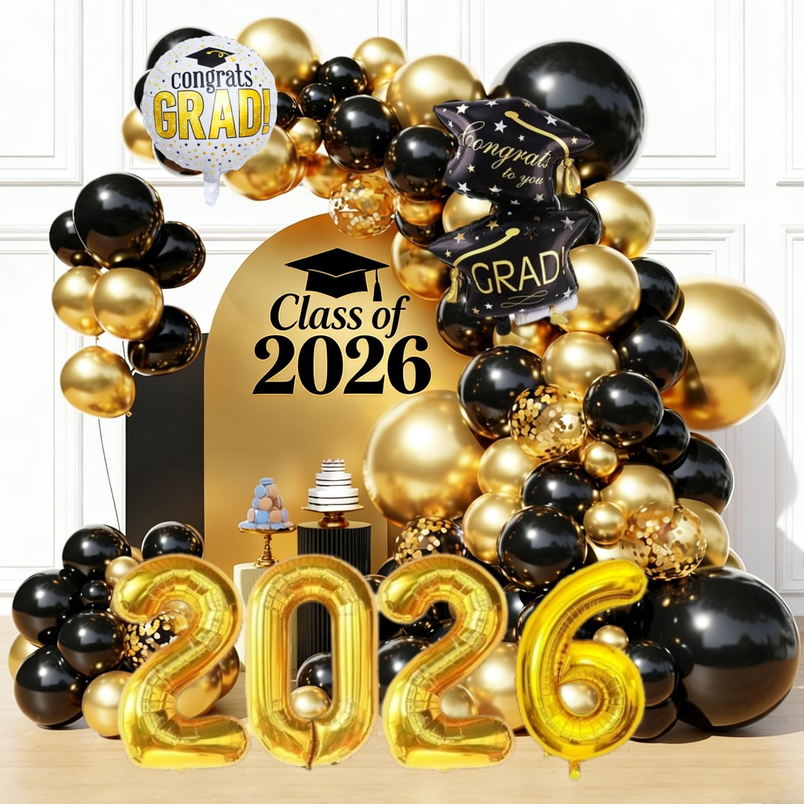 Black Gold Graduation Balloon Arch Garland Kit, Black Gold Confetti ...