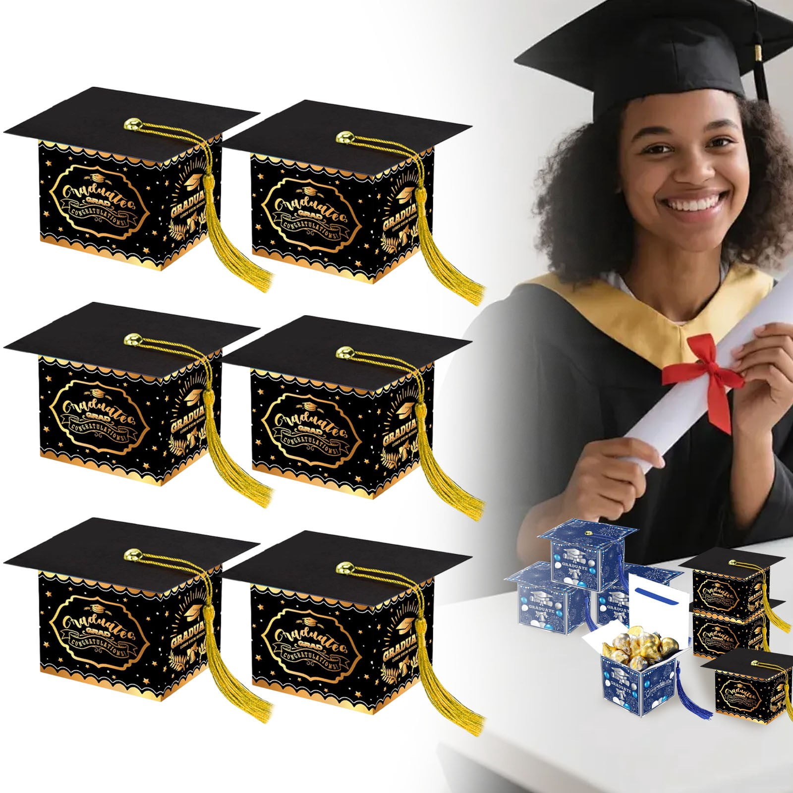 Graduation Containers Black & Gold Graduation Candy Box Dusknt 6pcs Tassel Cap Box – 2026 ...