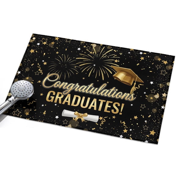 Black Gold Graduation Cap Area Rugs 2x3ft Graduates Celebration Fireworks Classic Floor Rug&nbsp;Non Slip Low Pile Ultra Soft Throw Carpet for Entryway Indoor Entrance Kitchen Bathroom