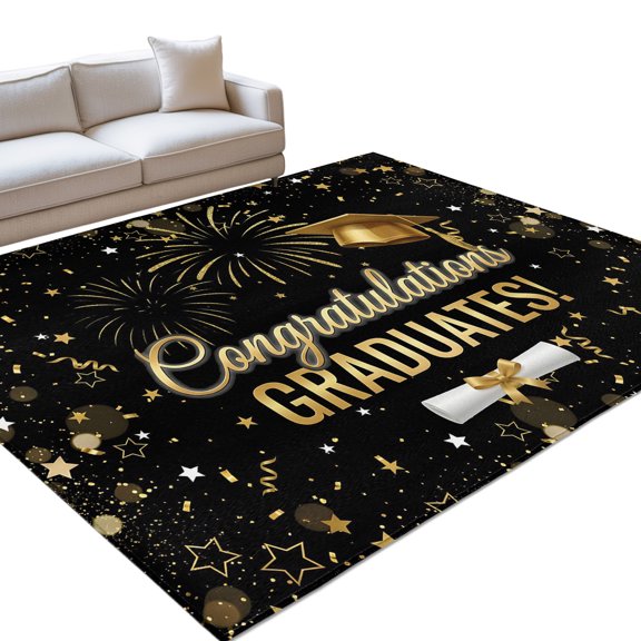 Black Gold Graduation Cap Area Rugs 6x9ft Graduates Celebration Fireworks Classic Floor Rug Non Slip Low Pile Ultra Soft Throw Carpet for Entryway Indoor Entrance Kitchen Bathroom