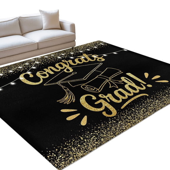 Black Gold Graduation Cap Area Rugs 8x10ft Sequins Light Festive Celebration Floor Rug Non Slip Low Pile Ultra Soft Throw Carpet for Entryway Indoor Entrance Kitchen Bathroom