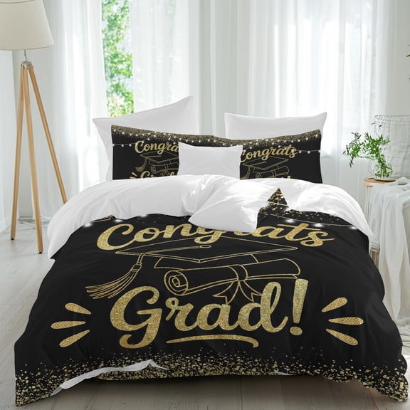 Black Gold Graduation Cap Comforter Set Queen Size, Sequins Light Festive Celebration Soft Bedding Set for Man Woman, 4 Pieces Duvet Cover Set with Fitted Sheet, 2 Pillowcases