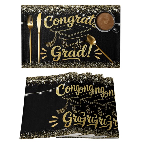 Black Gold Graduation Cap Cotton Linen Placemats Set of 2, Sequins Light Festive Celebration Washable Table Place Mats Heat Insulating Placemat for Dining Room Kitchen Daily Use 13 x 19 Inch