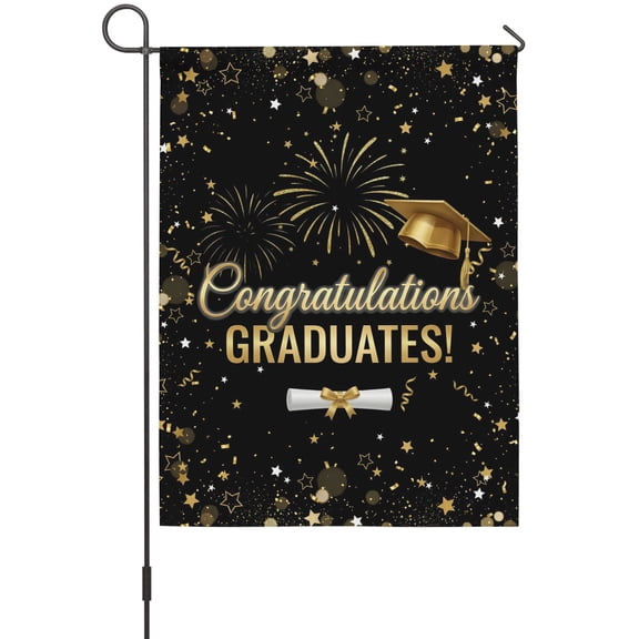 Black Gold Graduation Cap Garden Flag 12 x 18 Inches, Graduates Celebration Fireworks Classic Weather Proof Outdoor Patio Flags Double Sided Small Garden Decoration for Yard Outside Home