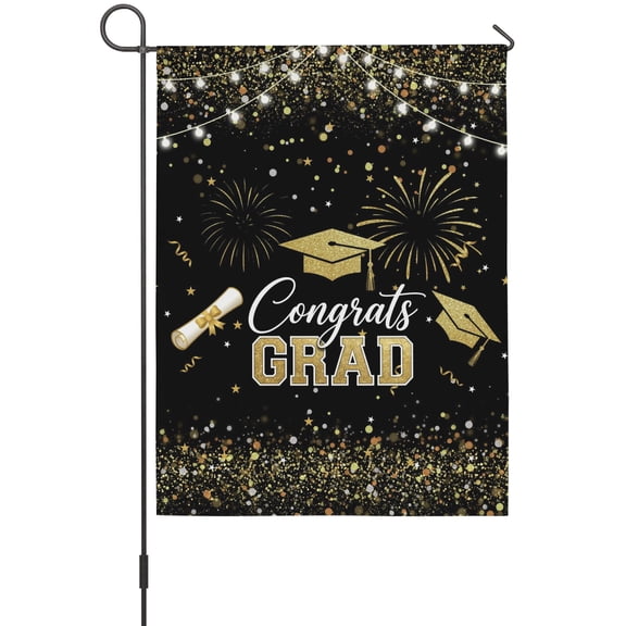 Black Gold Graduation Cap Garden Flag 12 x 18 Inches, Graduates Celebration Fireworks Festive Weather Proof Outdoor Patio Flags Double Sided Small Garden Decoration for Yard Outside Home