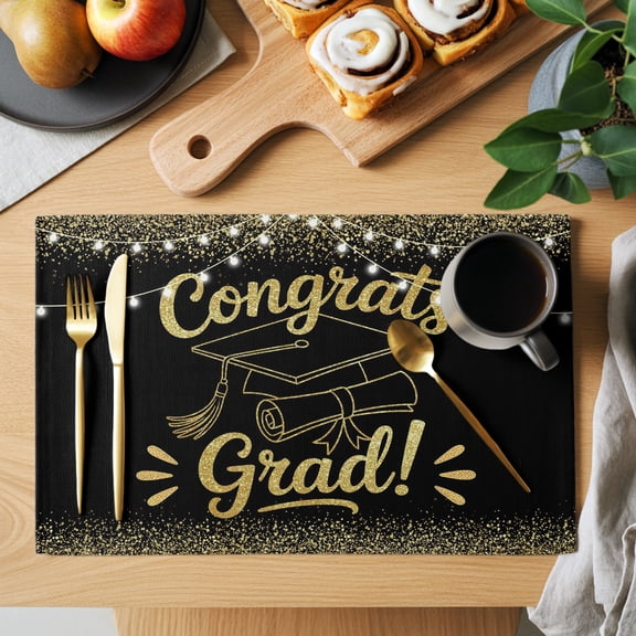 Black Gold Graduation Cap Placemats Set of 1, Sequins Light Festive Celebration Non-Slip Place Mats Washable Table Mats for Kitchen Dining Table Decorations Indoor/Outdoor