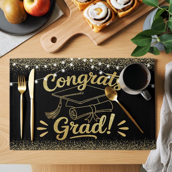 Black Gold Graduation Cap Placemats Set of 12, Sequins Light Festive Celebration Non-Slip Place Mats Washable Table Mats for Kitchen Dining Table Decorations Indoor/Outdoor