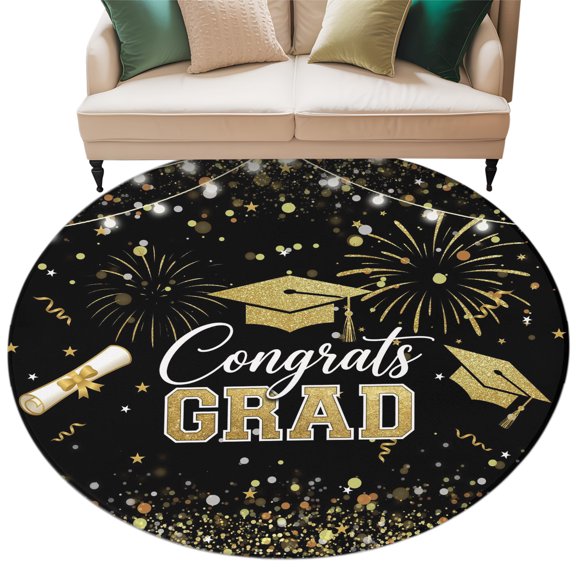 Black Gold Graduation Cap Round Living Room Rugs 6 ft, Graduates Celebration Fireworks Festive Washable Area Rug with Non-Slip Sturdy Edge Binding Round Carpet for Kitchen Office Bedroom
