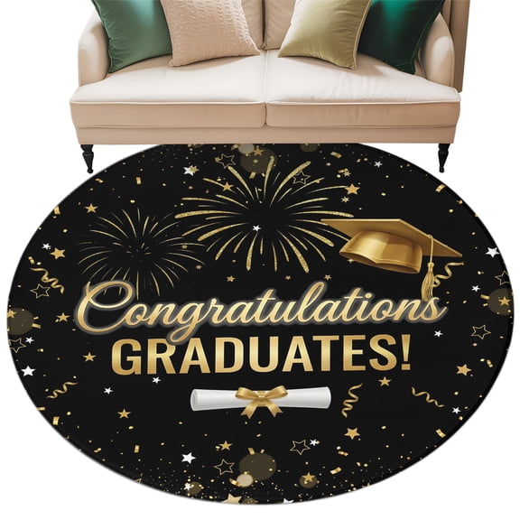 Black Gold Graduation Cap Round Living Room Rugs 7 ft, Graduates Celebration Fireworks Classic Washable Area Rug with Non-Slip Sturdy Edge Binding Round Carpet for Kitchen Office Bedroom