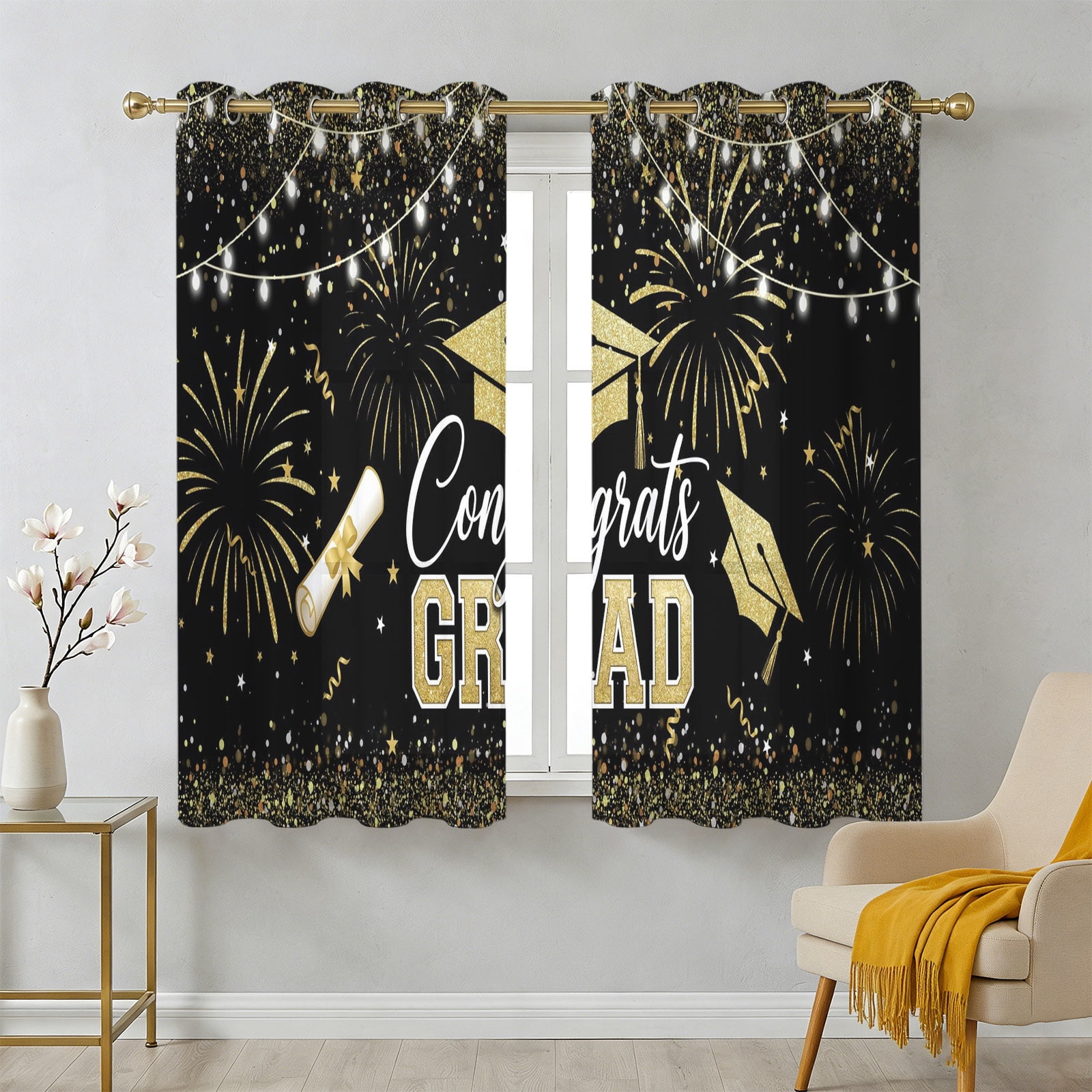 Grad Drapes Black Gold Graduation Cap Sheer Curtains 45 Inch Long 2 Panels ...
