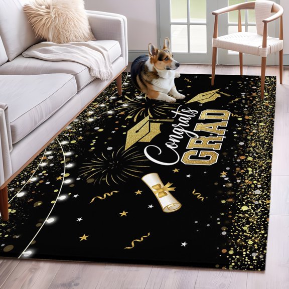 Black Gold Graduation Cap Washable Area Rug 3x5 Graduates Celebration Fireworks Festive Low-Profile Small Area Rugs with Non Slip Backing Indoor Floor Carpet for Entrance Living Room Bedroom