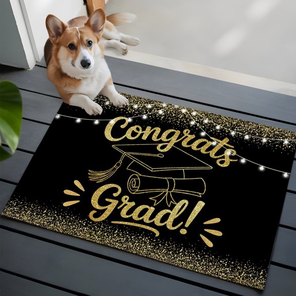 Black Gold Graduation Cap Washable Entry Rug 2x3 Sequins Light Festive Celebration Low Pile Indoor Door Mat with Rubber Backing Thin Area Rug for for Entrance, Bedroom, Kitchen, Laundry, Bathroom