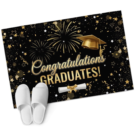 Black Gold Graduation Cap Washable Small Entryway Area Rugs 2'x3', Graduates Celebration Fireworks Classic Low Pile Throw Rug Non-Slip Sturdy Edge Binding Carpet for Front Door Floor Room Entry