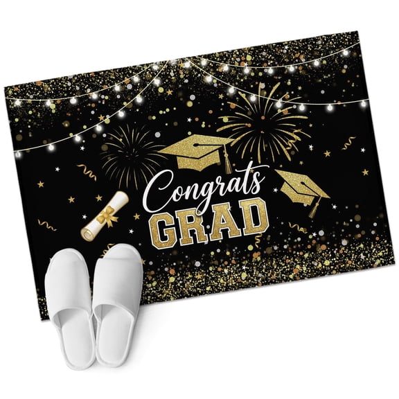 Black Gold Graduation Cap Washable Small Entryway Area Rugs 2'x3', Graduates Celebration Fireworks Festive Low Pile Throw Rug Non-Slip Sturdy Edge Binding Carpet for Front Door Floor Room Entry