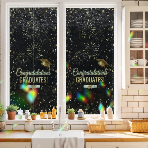 Black Gold Graduation Cap Window Privacy Film Graduates Celebration Fireworks Classic Static Cling Stained Glass Window Film Non-Adhesive Decorative Decals Rainbow Sticker 17.7"X39.3"