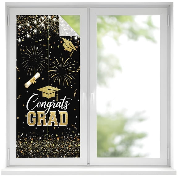 Black Gold Graduation Cap Window Privacy Film Graduates Celebration Fireworks Festive Decorative Glass Window Film UV Blocking Static Cling Sticker Covering for Home Door 19.6 x 39.3 inches