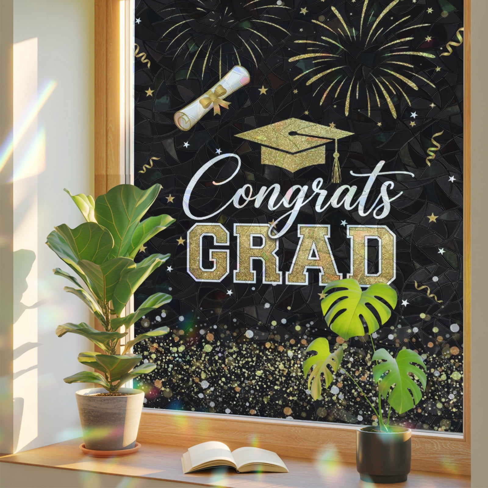 Graduation Window Writing Black Gold Graduation Cap Window Privacy Film, Graduates Celebration ...