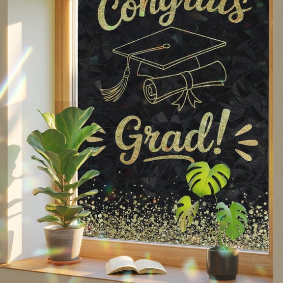Black Gold Graduation Cap Window Privacy Film, Sequins Light Festive Celebration Stained Glass Rainbow Film Decorative Window Clings, Static Cling Sun Blocking Stickers 17.7" x 39.3"