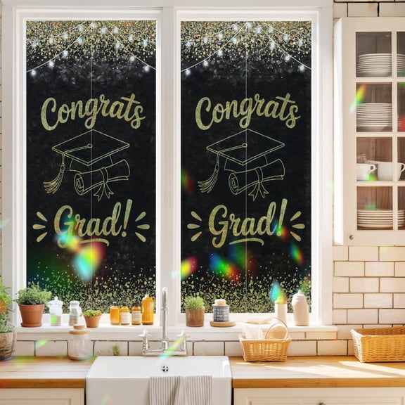 Black Gold Graduation Cap Window Privacy Film Sequins Light Festive Celebration Static Cling Stained Glass Window Film Non-Adhesive Decorative Decals Rainbow Sticker 17.7"X39.3"