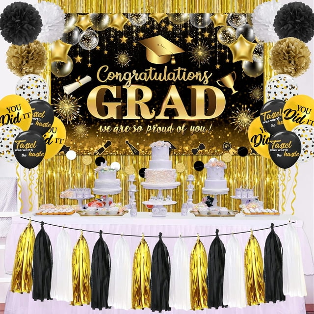 Black and Gold Graduation DHF10 Decorations Class of 2024 Grad Banner