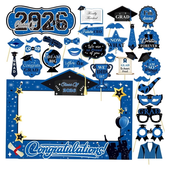 Black and Gold Graduation Decorations 2026, Graduation Photo Props Set with 27x19 Inch Photo Booth Frame and 17 Handheld Signs for Graduation Party Supplies Class of 2026
