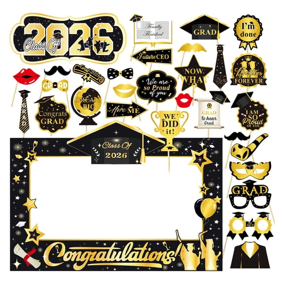 Black and Gold Graduation Decorations 2026, Graduation Photo Props Set with 27x19 Inch Photo Booth Frame and 17 Handheld Signs for Graduation Party Supplies Class of 2026