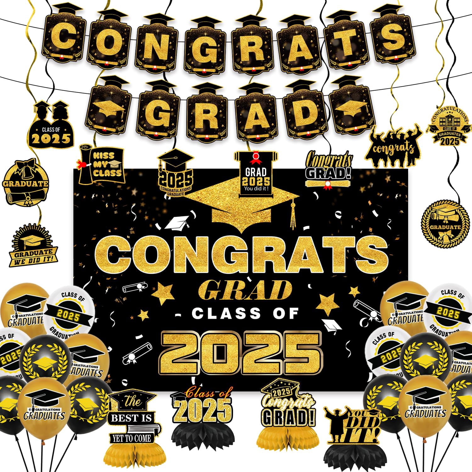 Class Of 2025 Graduation Decorations Kit - Black & Gold Balloons, Banner, Garland, Swirls For Graduation Party Supplies