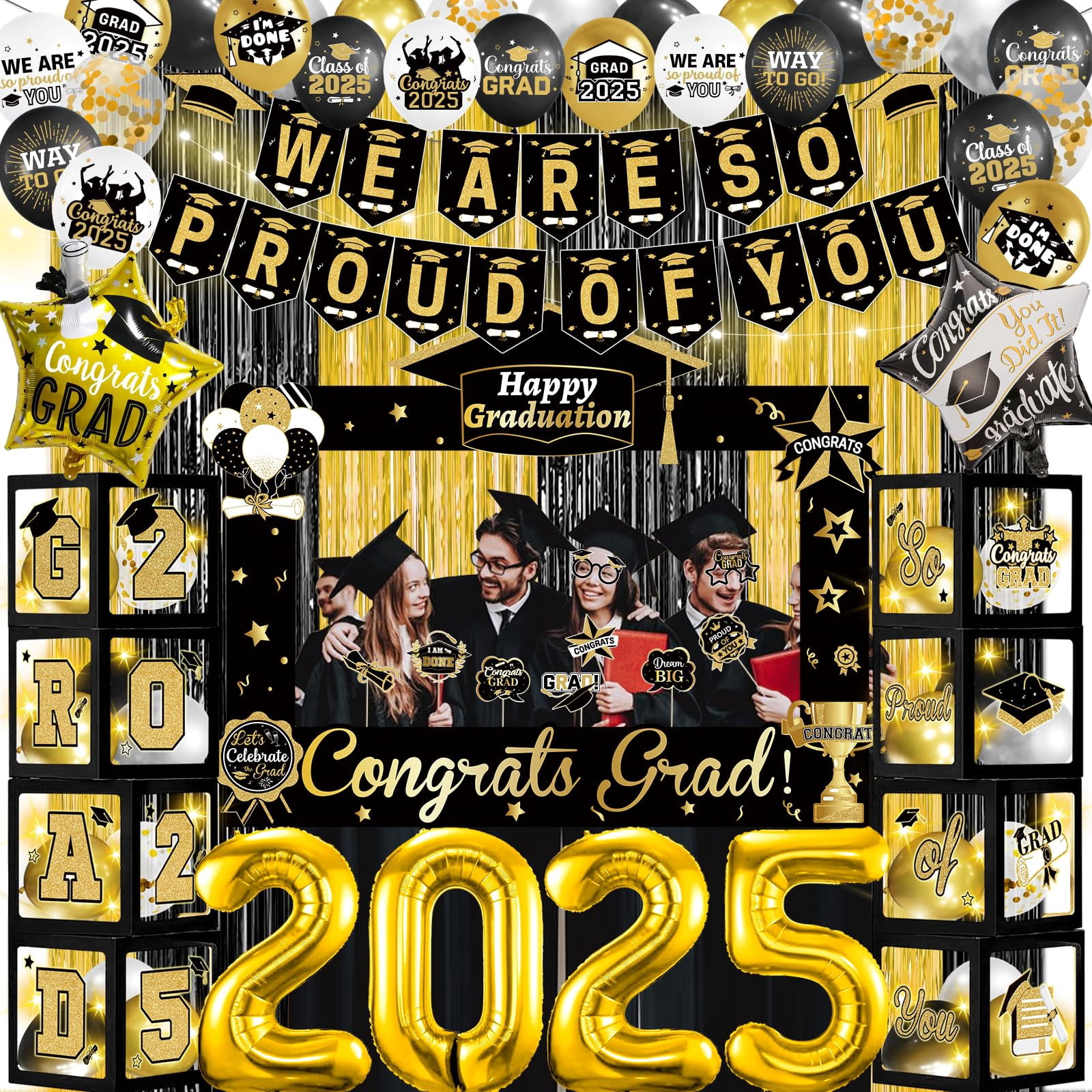 Black and Gold Graduation MMF7 Decorations 2025 With Light Balloon ...