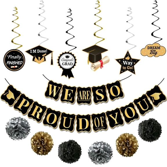 Black and Gold Graduation Party Decorations 2026 - Pack of 34 | We Are So Proud of You Banner | Grad Hanging Swirls with Pomp Poms for 2026 Grad | Graduation Decorations 2026