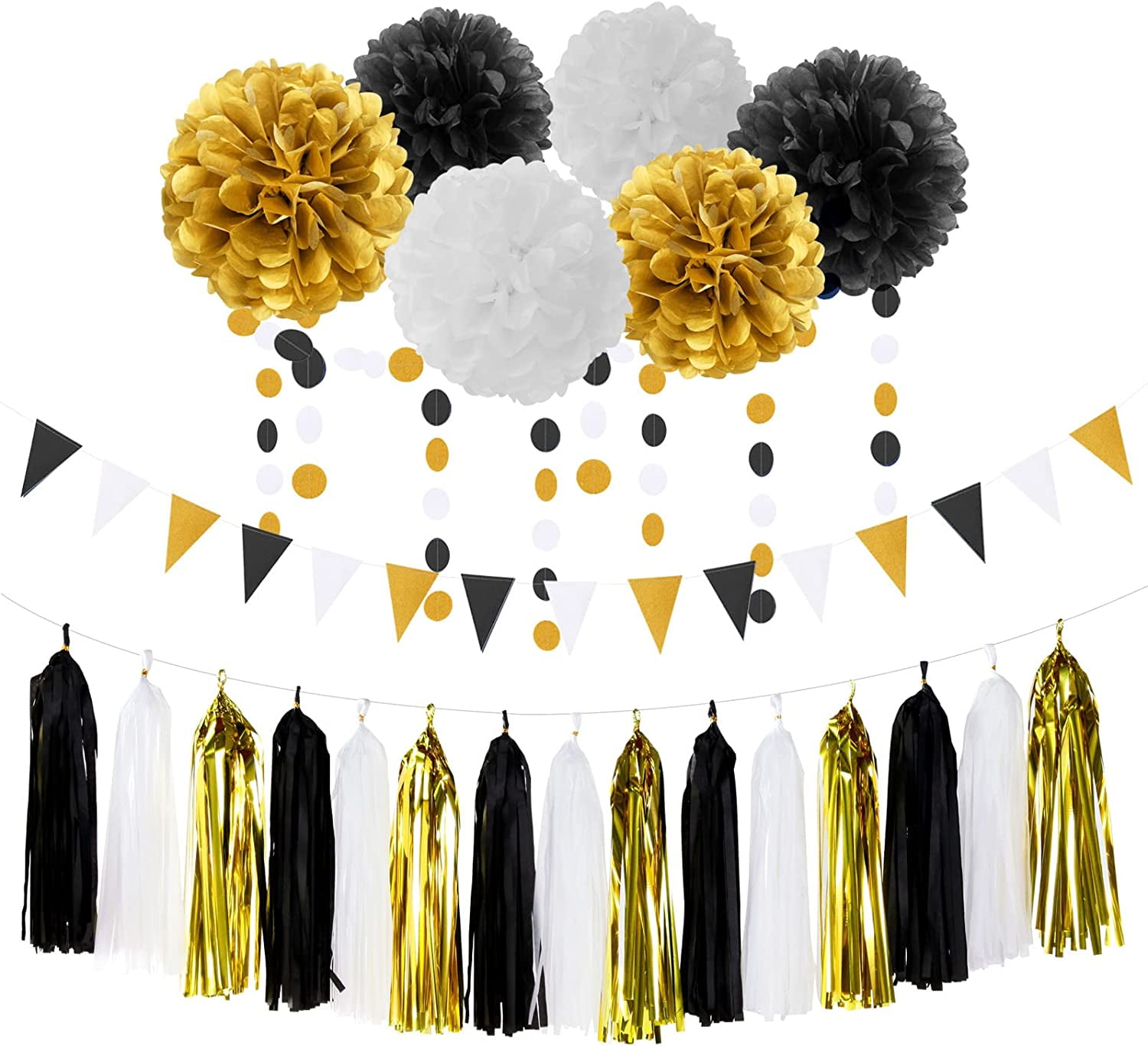 Black Gold Graduation Party Decorations - 23pcs Kits Farewell Tissue Pom Poms Flowers,Streamers Banner,Tassel Garland 50th Men Birthday Bachelorette Baby Shower Decoration Bunting