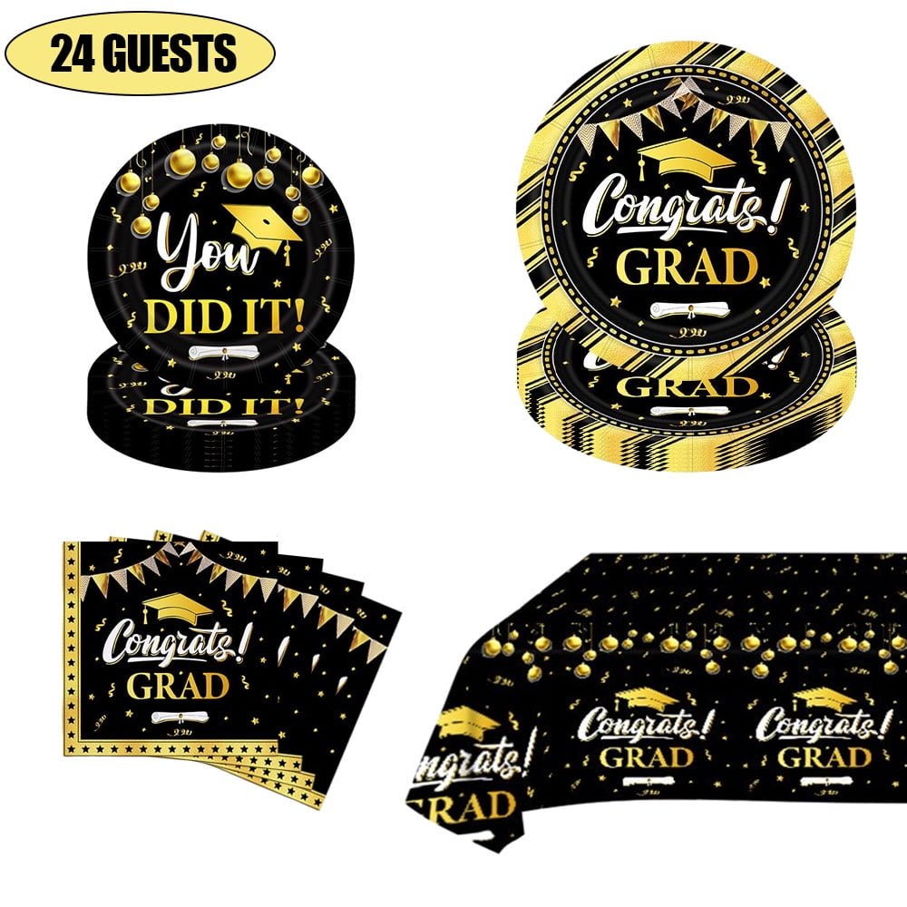 MSJEHQI Black Gold Graduation Party Supplies Set, 24 Guests, Disposable ...
