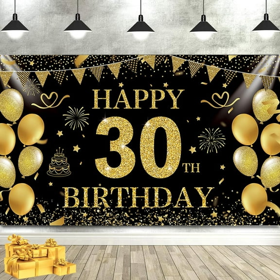 Black Gold Happy 30th Birthday Backdrop Banner 30th Photography Background Birthday Party Decorations Supplies for Mens Womens 30th Birthday Decor Thirty Years Anniversary Decor