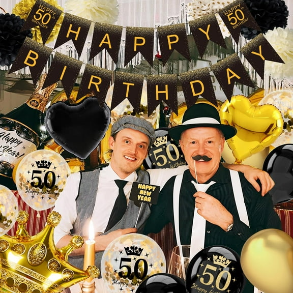 Black Gold Happy 50th Birthday Balloons, 50th Birthday Decorations Black Gold Happy Birthday Banner Number 50 Foil Balloon 50 Years Old Party Supplies for Him Her