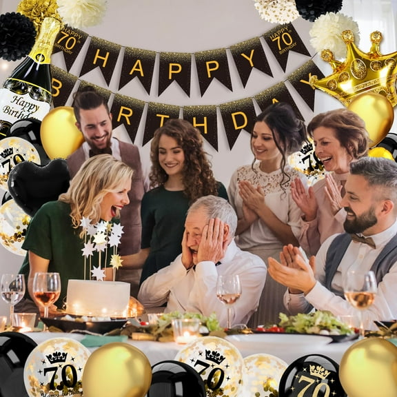 Black Gold Happy 70th Birthday Balloons, 60th Birthday Decorations Black Gold Happy Birthday Banner Number 70 Foil Balloon 70 Years Old Party Supplies for Father Mother 70th Birthday