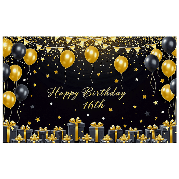 Black Gold Happy Birthday 16th Banner Background with Balloons Stars and Gifts Party Supplies Photography Props Birthday Decoration Party Decorations Backdrop